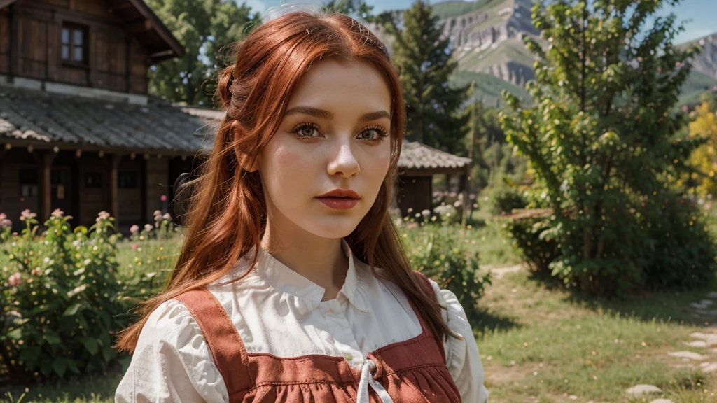 young girl ,slavic look,folk clothes,dress,blurry background,red hair,lite make up,outsite,mountain,sun,pink lipstick,polish,portrait,4k,ultra realistic