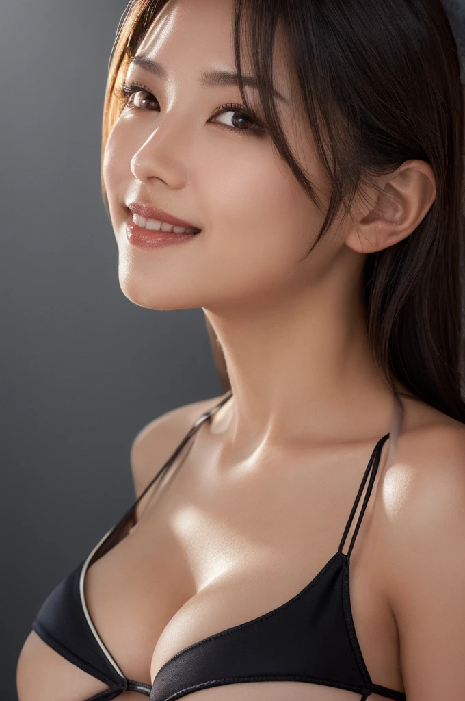 (Ultra Realistic), (Illustration), (High Resolution), (1girl), (Pretty Japanese girl in her 30s), (Best quality, 8K), (Best Illustration), (Beautiful Detailed Eyes), (Best Quality), (Ultra Detailed), (Masterpiece), (sexy), (Wallpaper), (Detailed Face), Solo, (seductive smile), (simple black cropped top), Japanese, (perfect body), (slim), (large perky , cleavage), (perky ass), (emphasizing large breasts), (bangs, long hair), (close up), (professional lighting), (black theme), (in bikini), (Standing)