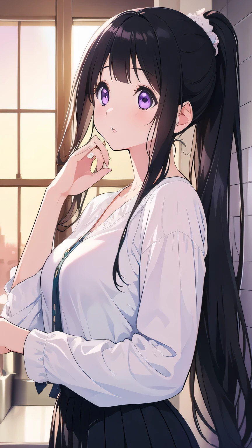 Stunning Chitanda, There is only one beautiful girl,purple eyes, black hair, single ponytail, straight bangs,extremely refined,adult face,lips open,flowing long hair,Peerless beautiful girl, dreamlike,Slim,soft, (Sensual), (kawaii), Dream quality,take a shower,Areola,extremely shy,Hands are not exposed,ultra high resolution, (masterpiece:1.2, best quality), (Exquisite and beautiful eyes: 1.2), (Beautiful and delicate face), black skirt