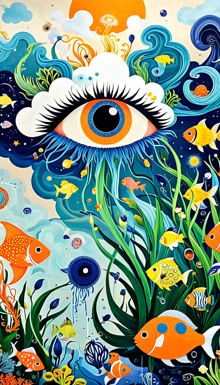 Children's graffiti:A cloud,、iris、fish、Tentacles、bird、Eye、diatom,Abstract mosaic painting,Describing the inner world of autistic people,Sense of space,White Space,interesting,Innocence,Psychedelic Art,Orange overall