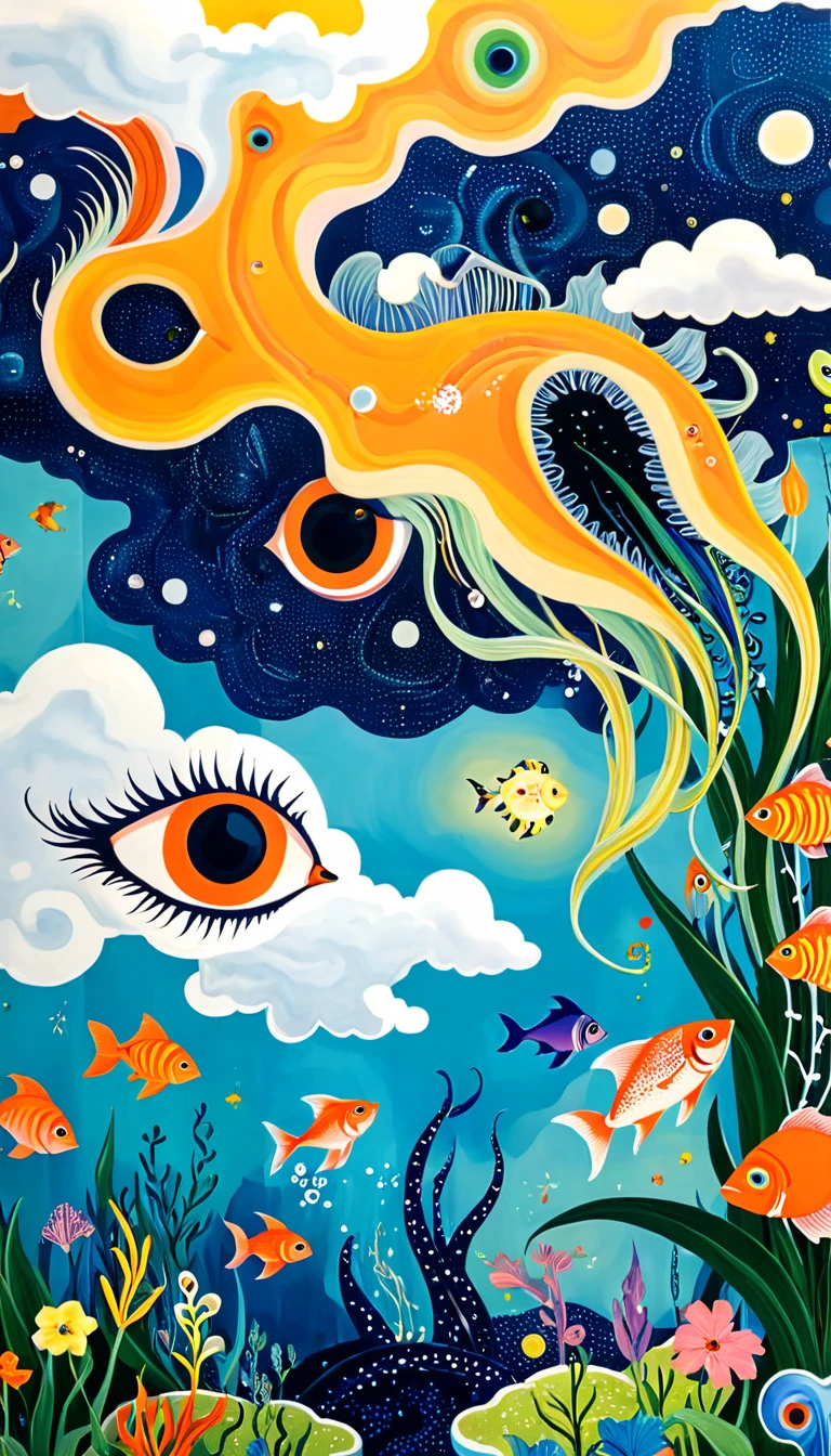 Children's graffiti:A cloud,、iris、fish、Tentacles、bird、Eye、diatom,Abstract mosaic painting,Describing the inner world of autistic people,Sense of space,White Space,interesting,Innocence,Psychedelic Art,Orange overall
