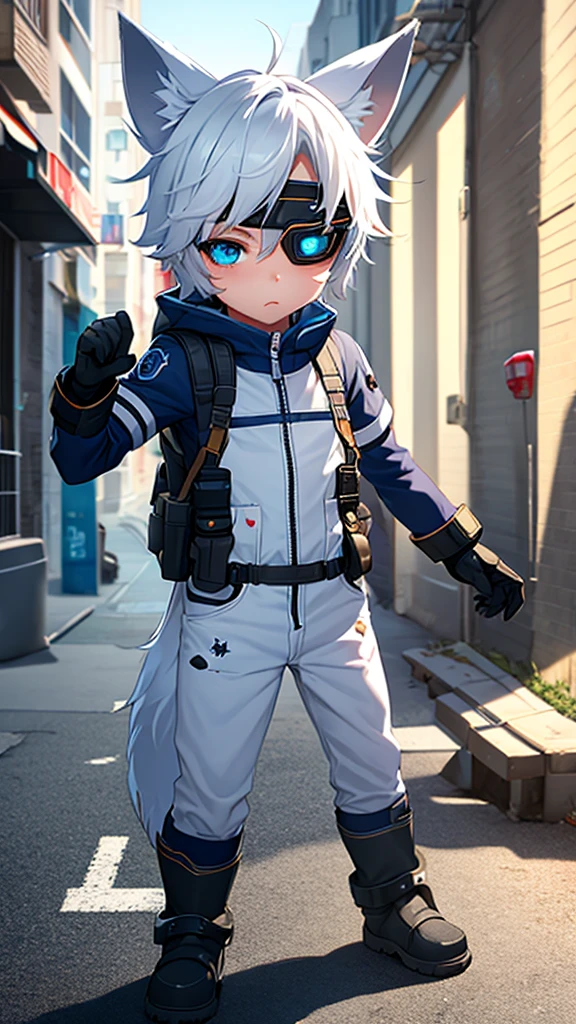 Game CG，4K quality，(( boy))，Youthful feeling，anime hero，wolf ears，(Tactical communication goggles)，full body portrait，blue bodysuit, young hero, White gloves, white boots, street background