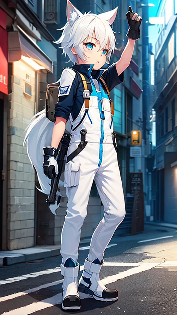 Game CG，4K quality，((young boy))，Youthful feeling，anime hero，wolf ears，(Tactical communication goggles)，full body portrait，blue bodysuit, young hero, White gloves, white boots, street background