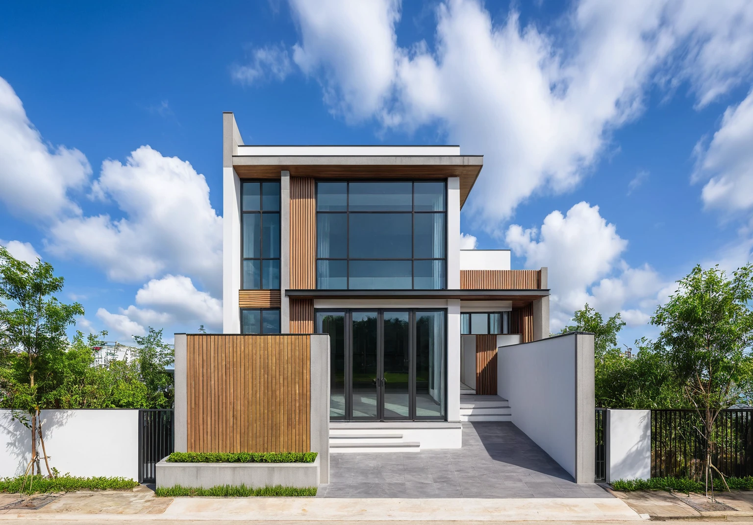masterpiece, High Quality, best quality, true, super detailed, out side, one-story villa, yay, yaygroup, stone walling, phong cách ngôi nhà hiện đại trên sugar phố, cầu thang, white wall, sugar, pavement, grass, plant, firmament, cloud, (daylight :1.1)