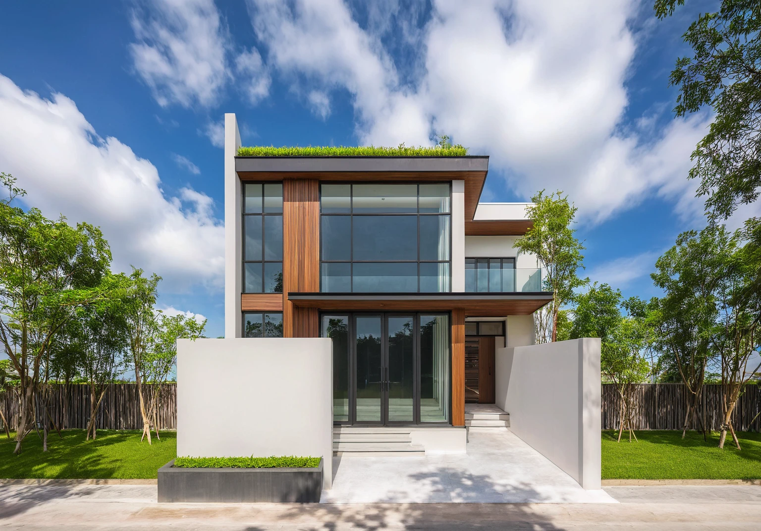 masterpiece, High Quality, best quality, true, super detailed, out side, one-story villa, yay, yaygroup, stone walling, phong cách ngôi nhà hiện đại trên sugar phố, cầu thang, white wall, sugar, pavement, grass, plant, firmament, cloud, (daylight :1.1)