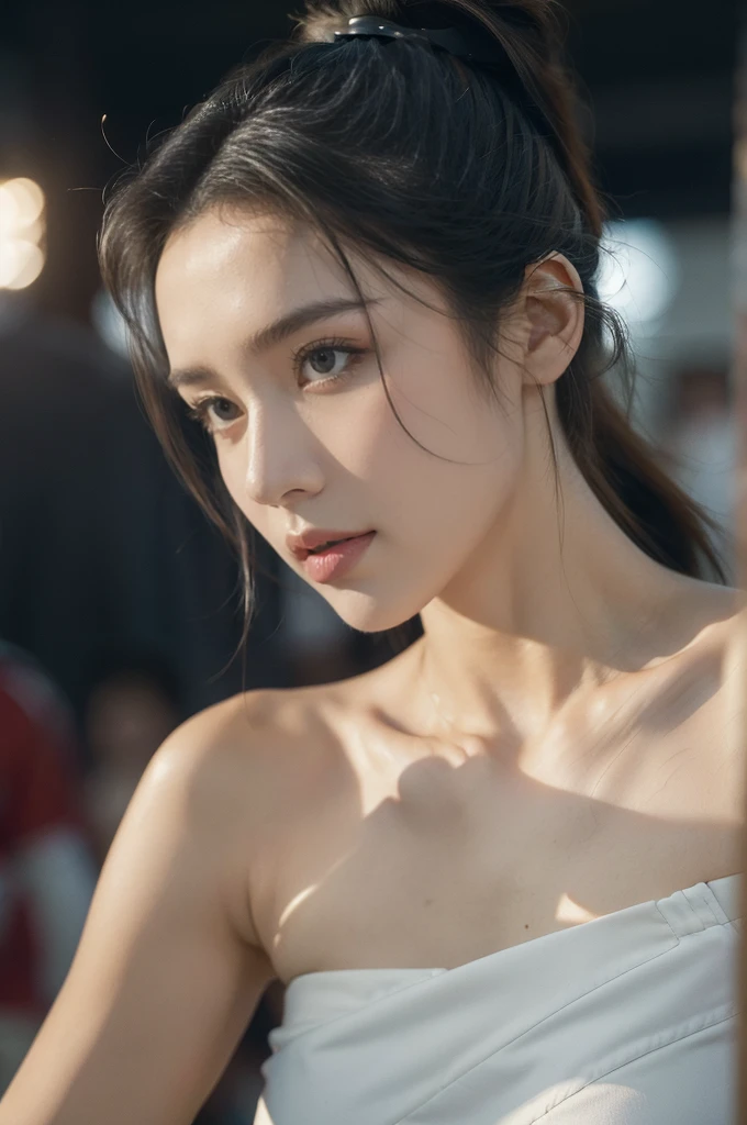 (((best quality))),(((ultra detailed))),(((masterpiece))),illustration,((1 beautiful girl,female footballer,solo)),((small breasts,flat chest)),((slim,thin)),summer night,stadium,crowded stands,enthusiastic spectators,football match,(short ponytail:1.2),((strapless white bra)),(football:1.3),fluid movements,powerful,sweat,forehead,exhaustion,passion for football,purposeful running,electric atmosphere,crowd roar,critical juncture,pressure,undeterred,floodlights,luminous glow,long shadows,drama,breathtaking sight,raw passion,unbridled energy,determination,skill,embodiment of sport's spirit,strength,resilience of human spirit,(standing:1.3),((from front,close-up of face))