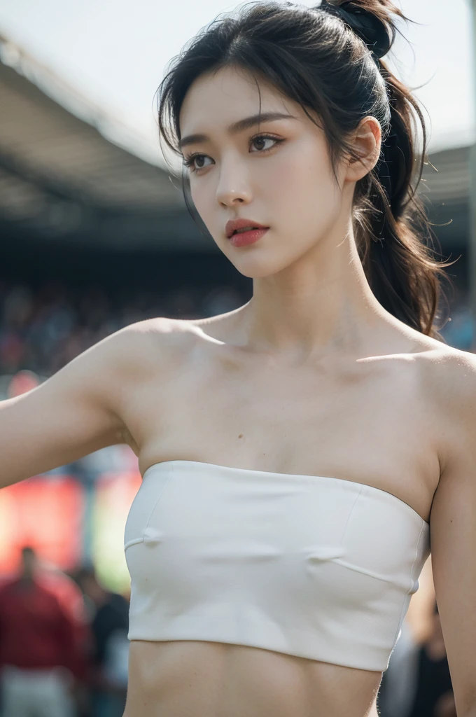 (((best quality))),(((ultra detailed))),(((masterpiece))),illustration,((1 beautiful girl,female footballer,solo)),((small breasts,flat chest)),((slim,thin)),summer night,stadium,crowded stands,enthusiastic spectators,football match,(short ponytail:1.2),((strapless white bra)),(football:1.3),fluid movements,powerful,sweat,forehead,exhaustion,passion for football,purposeful running,electric atmosphere,crowd roar,critical juncture,pressure,undeterred,floodlights,luminous glow,long shadows,drama,breathtaking sight,raw passion,unbridled energy,determination,skill,embodiment of sport's spirit,strength,resilience of human spirit,(standing:1.3),((from front,close-up of face))