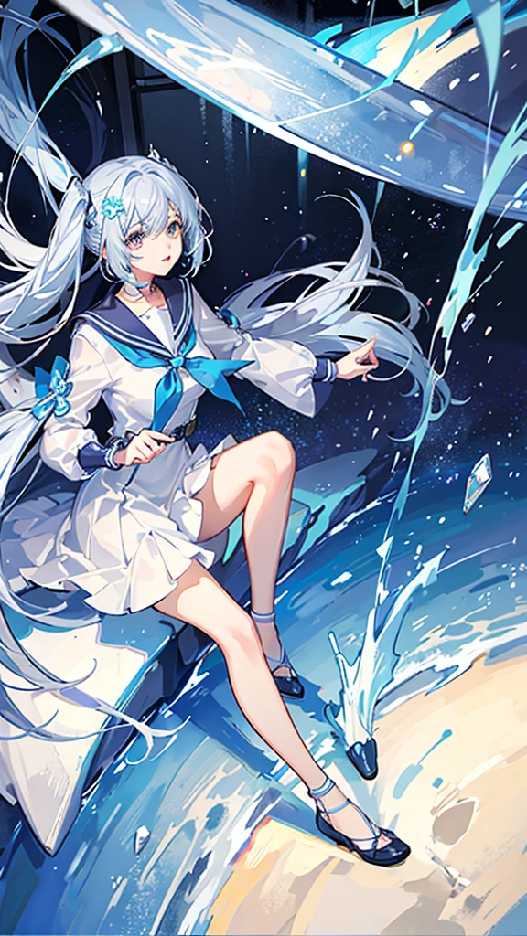 The background is an amusement park、Crystal clear light blue hair、Her hair is gradated and white from the hairline to the middle.、Hair length is up to the knees、A shiny, light blue sailor suit、The hair ornament is glittering gold.、Silver hair ornament、She has big breasts、Adult face、