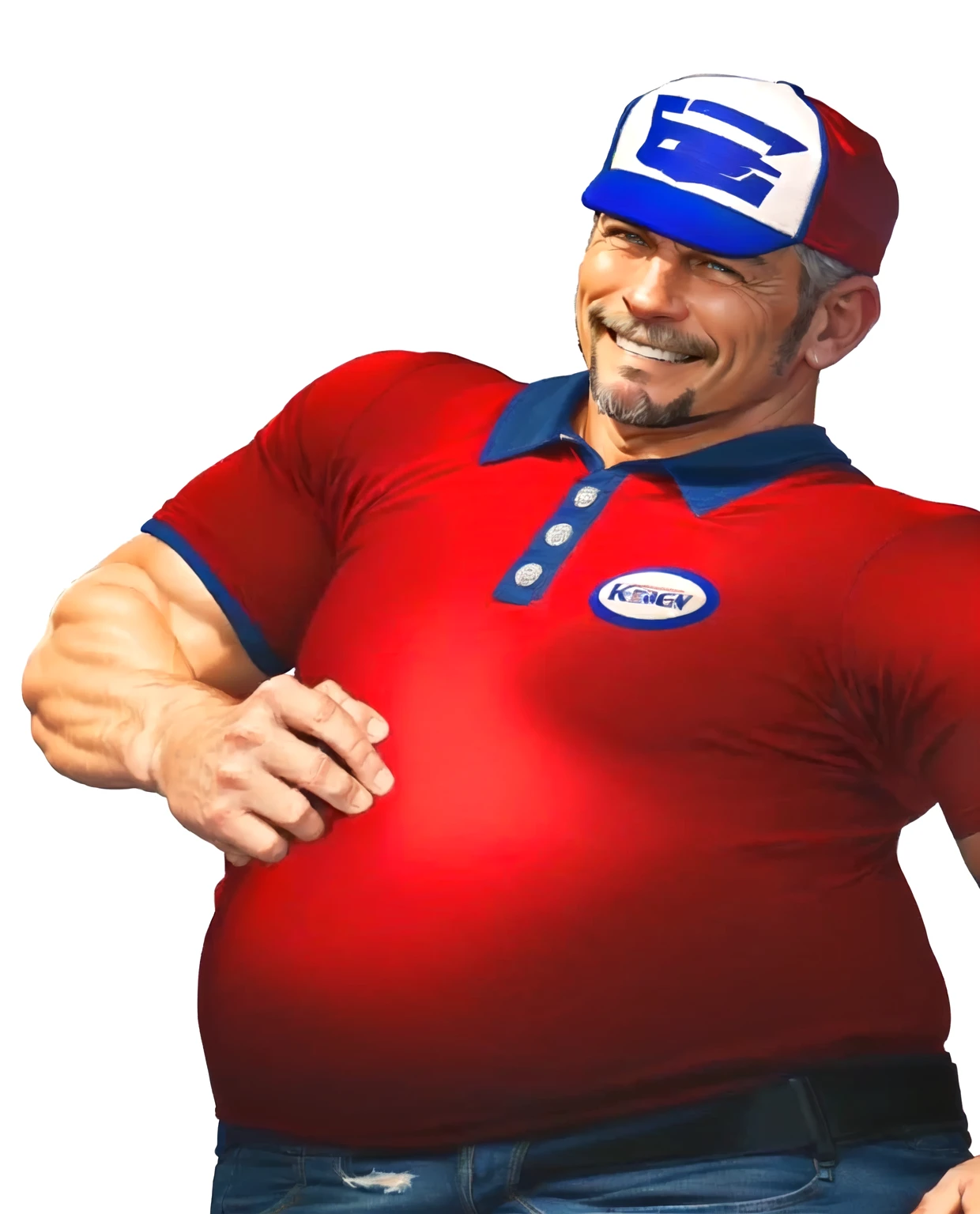 a close up of a man in his 60s wearing a red shirt and blue jeans, as a character in tekken, beefy, realistic textures, john cena with a goatee, best friend smiling at you with encouragement, Out Run 2 flagman, 2 k, 2k, muscular bernie sanders, buff man, character from king of fighters, robust stocky body, hide the pain harold, name of character is flagman, wise face, his cap has a SEGA logo on it, (short GREY hair), smiling with slightly open mouth