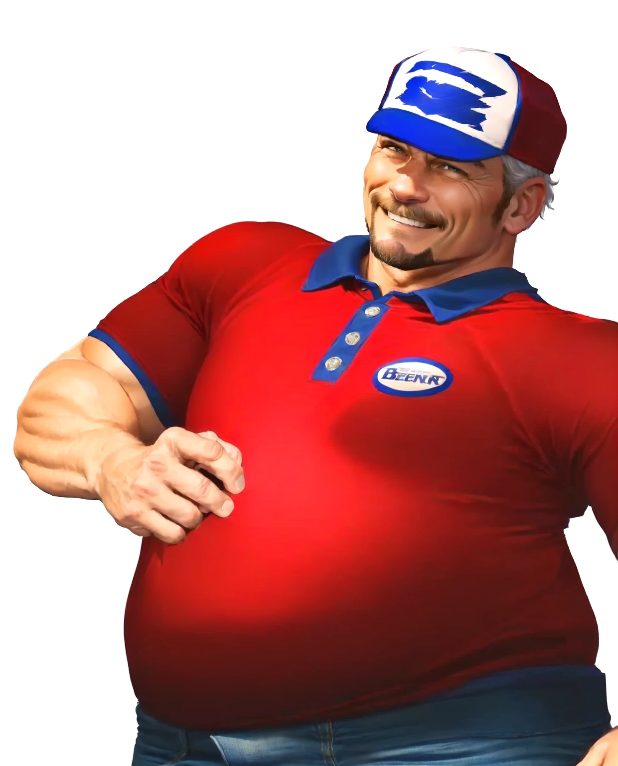 a close up of a man in his 60s wearing a red shirt and blue jeans, as a character in tekken, beefy, realistic textures, john cena with a goatee, best friend smiling at you with encouragement, Out Run 2 flagman, 2 k, 2k, muscular bernie sanders, buff man, character from king of fighters, robust stocky body, hide the pain harold, name of character is flagman, wise face, his cap has a SEGA logo on it, (short GREY hair), smiling with slightly open mouth
