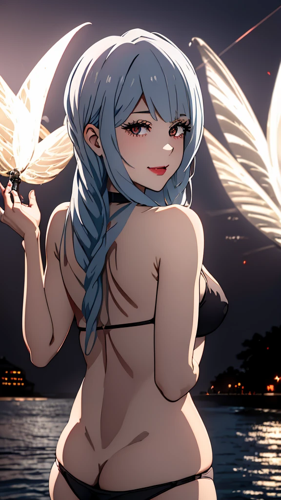 dark, highly detailed, hyper-realistic masterpiece, character design, volumetric lighting, fairy lights, intricate detail, ultra-realistic, hdr. best quality, perfect detailed, (ultra sharp focus), Mei Mei, silver hair, dark brown eyes 👙👅🍖👙🍖🍑🍑🌃🌌⬛🌆