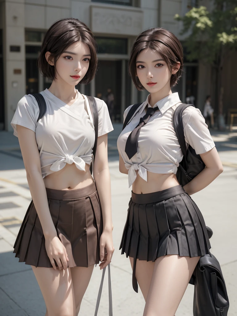 Perfect, Masterpiece, Masterpiece, 8K,,,1girl,独奏,Brown hair, short hair, headband, brown eyes,Shirt, short sleeves,White shirt, exposed navel, exposed navel, tie, skirt, pleated skirt,Black gloves, kneepads, boots, backpack,Full body close-up