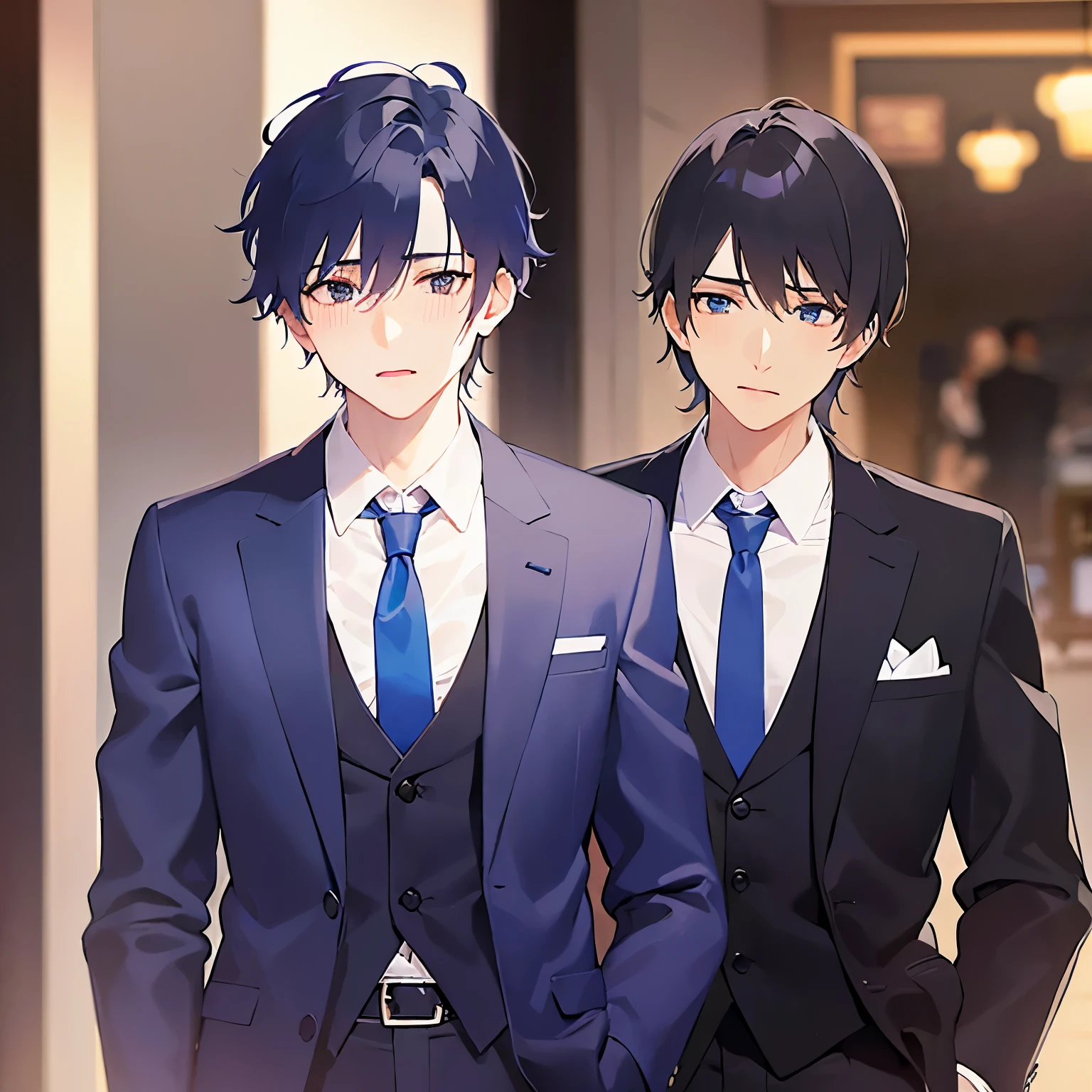 (looking away:1.5),upper body、
shiny skin, masterpiece、Highest quality、(25-year-old male:1.5) and (Black short hair) and (blue eyes)
(Wearing a suit:1.5) and (Blue tie)、
The hotel lobby in the background、(blush:1.4)