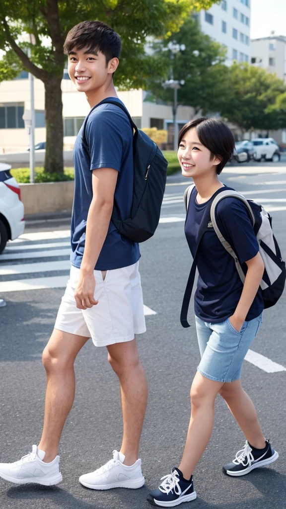 One Man、university student、Short-haired two-block、Navy blue T-shirt、Carrying a backpack、Looking this way and smiling