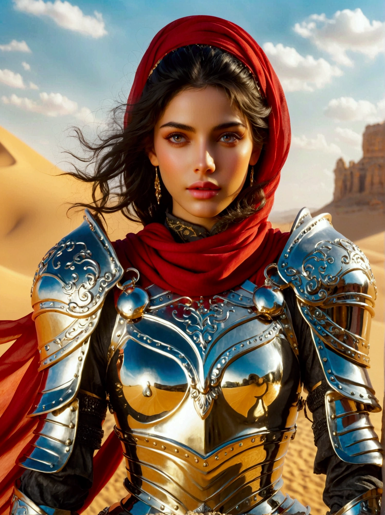 A Middle Eastern desert princess in glittering knight armor, Her color-rich attire should reflect a contemporary and innovative upgrade to her otherwise traditional look, Showcase her in dynamic and vigorous poses expressing strength and bravery, Leverage the perspective of a wide-angle lens to emphasize the expansive nature of the scenery that surrounds her, thus creating a panoramic effect, The setting is heavily influenced by elements of fantasy, making it a mystical and enchanting environment, ((Full body shot)), (eyes looking at the viewer, front view), concept art, Hyperrealism, first-person view, pov, UHD, masterpiece, accurate, anatomically correct, textured skin, super detail, best quality, 8k