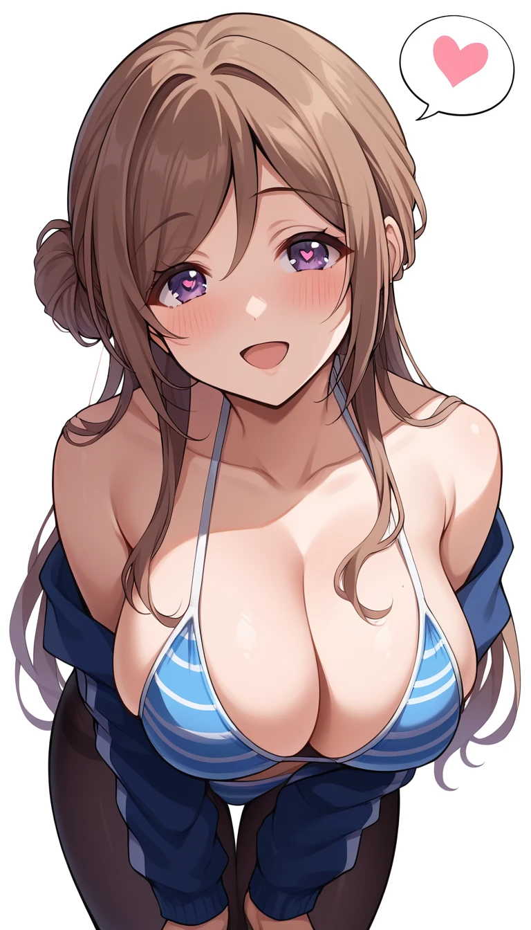16k,score_9, score_8_up, score_7_up, source_anime, rating_safe,super detailed , himesaki rinami,purple eyes,brown hair,hair bun,long hair, bikini, pantyhose,(heart eyes),(heart in eyes),spoken heart,very cute,open mouth,dutch angle,big breast ,blush,beautiful face,beautiful eyes,details eyes,white background ,(cleavege),leaning forward ,bare cleavege