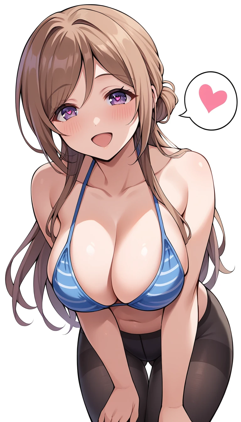 16k,score_9, score_8_up, score_7_up, source_anime, rating_safe,super detailed , himesaki rinami,purple eyes,brown hair,hair bun,long hair, bikini, pantyhose,(heart eyes),(heart in eyes),spoken heart,very cute,open mouth,dutch angle,big breast ,blush,beautiful face,beautiful eyes,details eyes,white background ,(cleavege),leaning forward ,bare cleavege