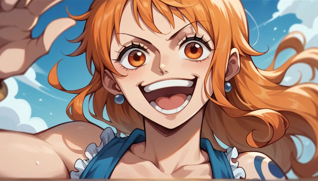 nami one piece, happy face,(orange eyes),(Cowboys)