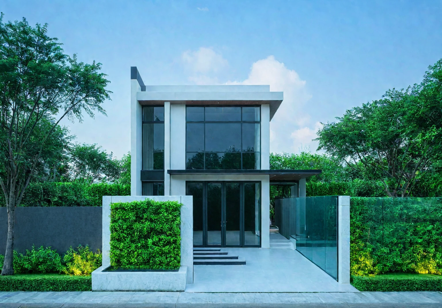 modern villa on street, (daylight), tropical tree, green shrub and plants, vivid color, streetcapes, minimalist design, brigth grey tone, (large glass door:1.2), warm interior lighting, modern material, best quality, ultra realistic, masterpiece,