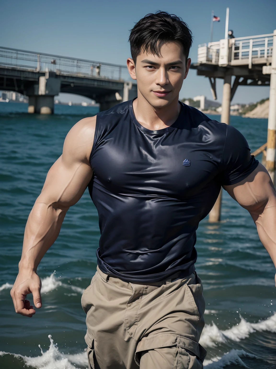 (Create a masterpiece: 1.2),(CGI art:1.3),(realistic:1.5),(After processing:1.3), (Sharp focus:1.3), 1 man, open mouth, smile, (Navy blue round neck shirt), Navy cargo pants, Korean guy , korean men, (High gloss details), chest muscles, large arm muscles, blood vessel, Big muscles, Broad shoulders, looking at the audience, Balancing the eyes, Seaside, beach, sunlight, running towards the camera