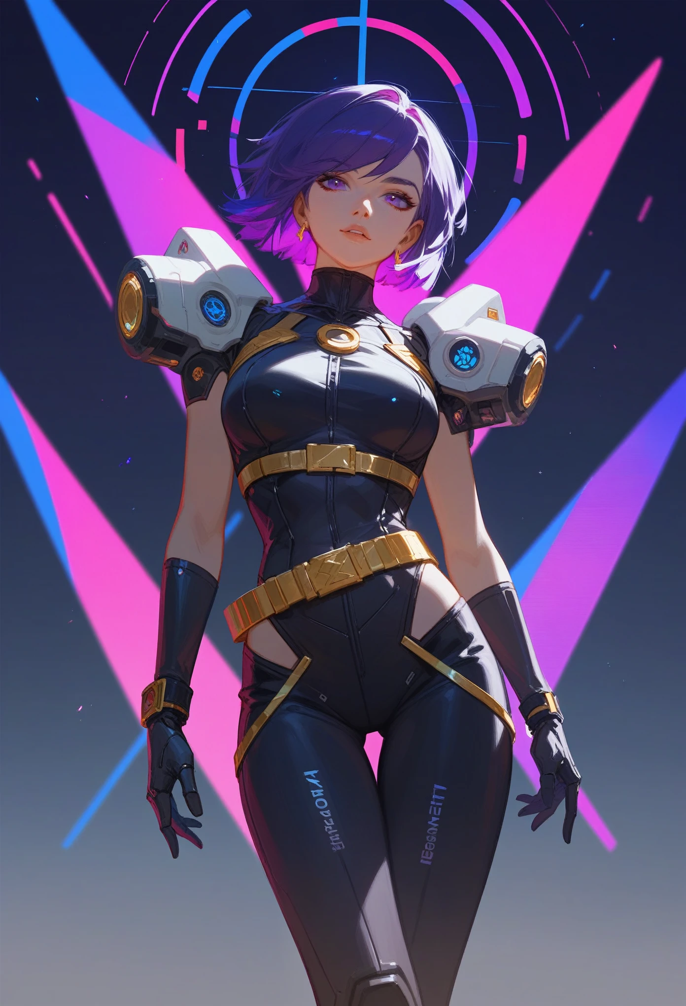 (Fraction_9,Fraction_8_Direction_7_up),1 a woman,（（（bust）））,Explorer Izerell，time traveler，high tech，AI，Future Warrior，白色high tech服饰，Purple colorful hair，Gold belt，Leather belt on legs，