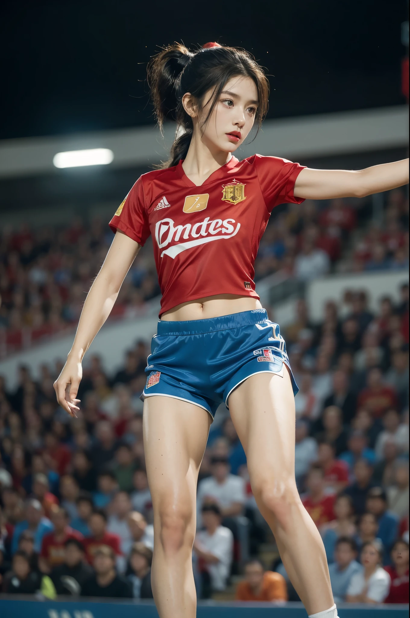 (((best quality))), (((ultra detailed))), (((masterpiece))), illustration,(a beautiful girl,female footballer,solo),(short ponytail:1.2),Spanish team,(short sleeves:1.2),((red jersey, blue shorts)),((slim,thin)),((small breasts,flat chest))),(slender legs:1.2),(football:1.3),determination, agility, passion, dedication, energetic crowd, vibrant atmosphere, electric, invigorating, chaotic, aggressive movements, powerful kicks, elegance, composure, intensity, sports, moment, perseverance, stands, packed stands, enthusiastic fans, roaring, supportive, cheering, chanting, sheen of sweat, skillful, dynamic, picturesque, atmospheric, action-packed, dramatic, realistic,adium, night game, stadium lighting, passionate player, focus, determination, talent, artistry, movement, speed, grace,(standing:1.3),((from front,full body)),(night scene:1.3)
