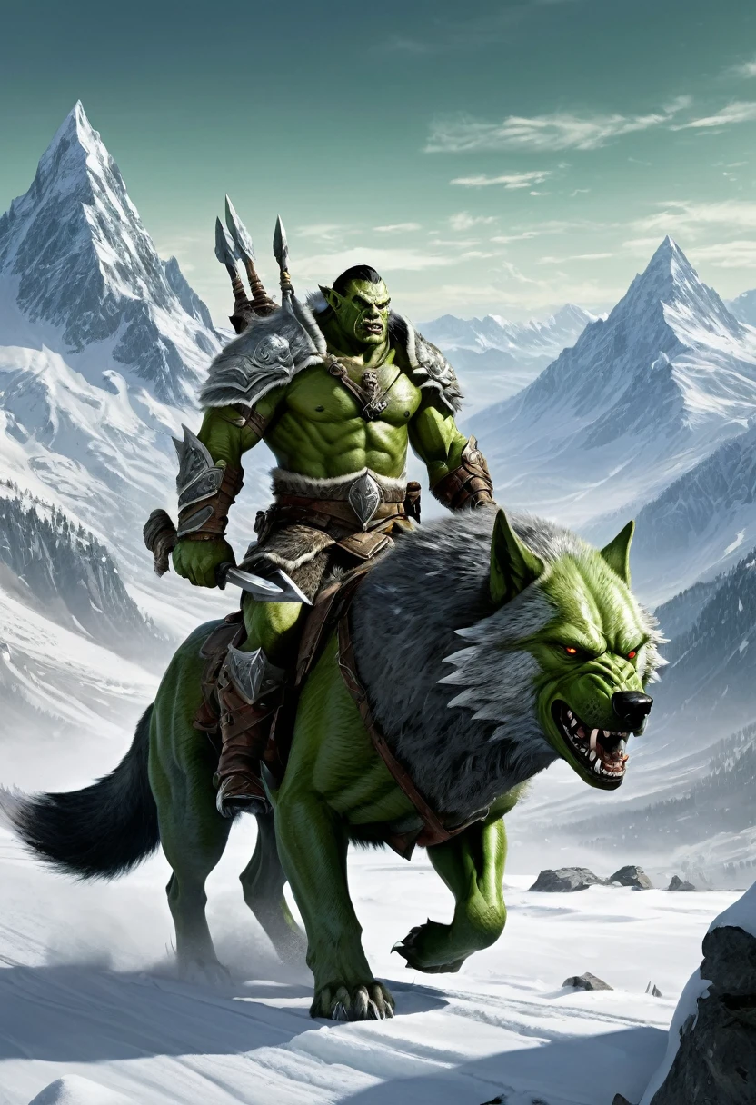 a green-skinned orc in armor is riding a giant wolf. The background features a snow-covered valley surrounded by tall mountains, creating a cold and desolate environment. The orc has a fierce expression, and the wolf looks equally formidable, both exuding a sense of menace.