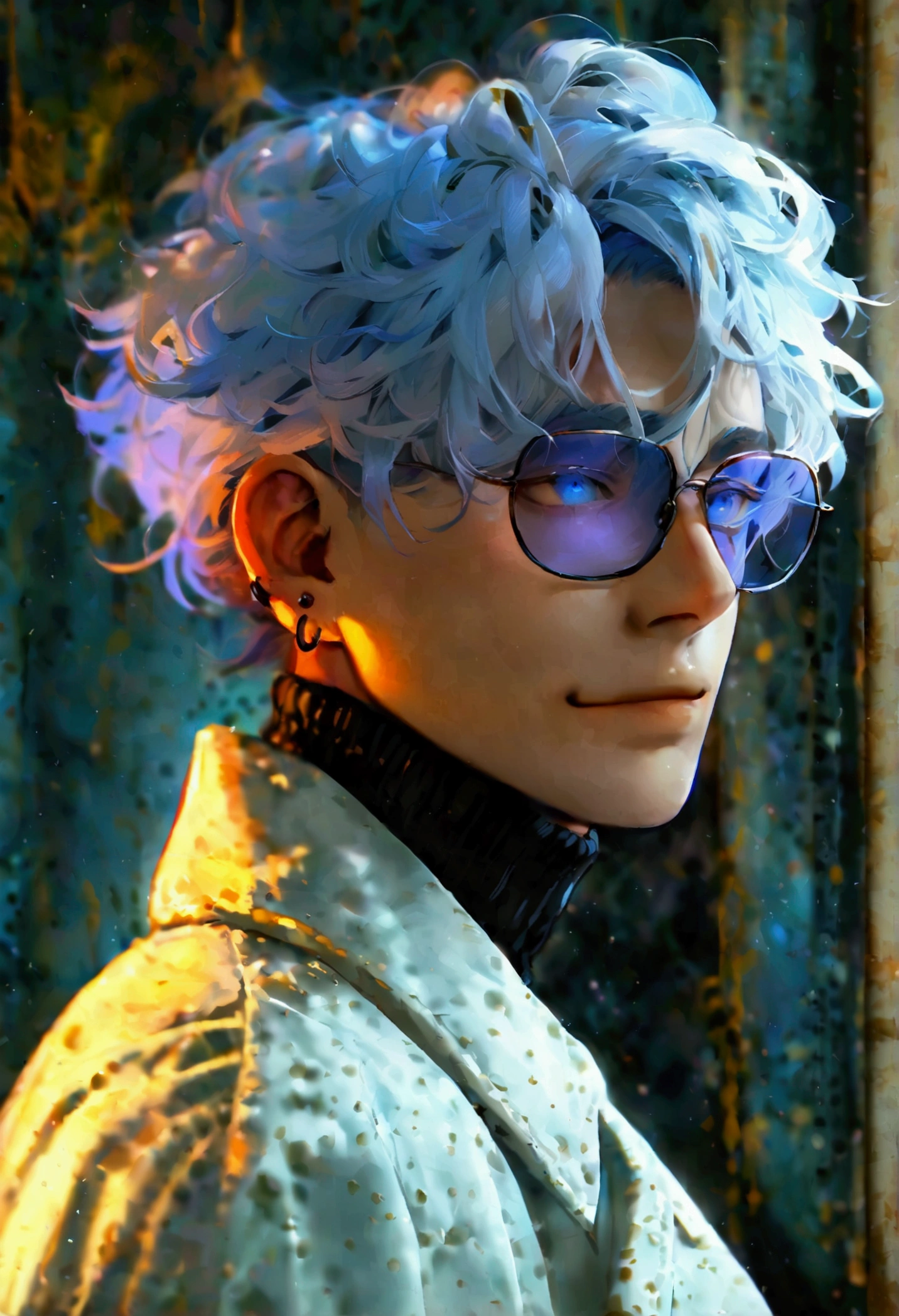 There is a tall man with wide shoulders, wearing a white overcoat, and a black turtleneck. He has light blue hair, in a medium length, messy hairstyle. He also has dark, piercing blue eyes, thin rectangular sunglasses, and a slight smile.