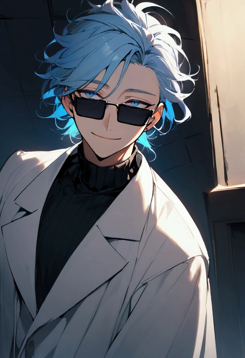 There is a tall man with wide shoulders, wearing a white overcoat, and a black turtleneck. He has light blue hair, in a medium length, messy hairstyle. He also has dark, piercing blue eyes, thin rectangular sunglasses, and a slight smile.