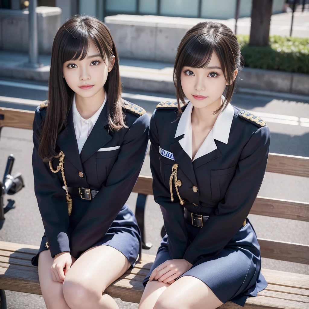 Innocent 20 year old girl、((Japan Police Officer, sexy police uniform, Skirt, Cute and elegant, Dramatic poses)),Smile,night city background,short-cut、Raw photo, (8K、top-quality、​masterpiece:1.2)、(intricate detailes:1.4)、(Photorealsitic:1.4)、octane renderings、Complex 3D rendering ultra detail, Studio Soft Light, Rim Lights, vibrant detail, super detailing, realistic skin textures, Detail Face, Beautiful detail eyes, Very detailed CG Unity 16k wallpaper, make - up, (detailedbackground:1.2), shinny skin, Full body,Hands down、Spread your legs and show your panties,sit on a bench