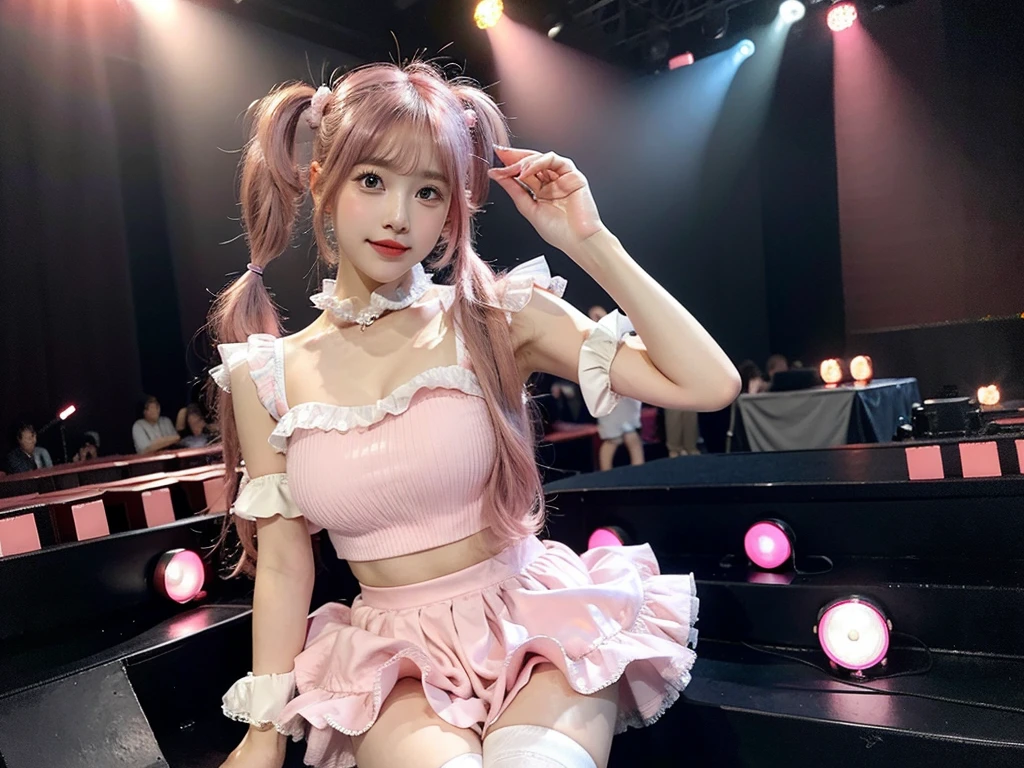 Shot with a top-of-the-line camera. highest quality, ultra-detailed, intricately detailed, high resolution, 8k, One woman. (very large breasts:1.3), A youthful look of about . Slim and well-proportioned, (pink hair in twintails:1.3), fair skin. She is wearing a pink frilled mini-skirt dress. She is singing on the stage of a live venue, illuminated by the many lights of the live show.