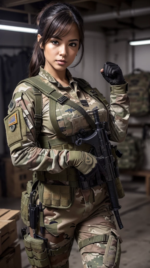 ((​masterpiece、top-quality、realisitic、ultra-detailliert、hight resolution、Photorealsitic、foco nítido、lighting like a movie))、Stunning portrait of a beautiful woman、bustshot、Focus from the chest up、sad Facial expression、Beautiful detailed eyeedium Hair、Army camouflage uniform、Camouflage Tactical Vest、Long trousers with camouflage pattern、Combat gloves、rucksack、Black Military Undershirt、Tanks on the background、White smoke、Detailed hand depiction、Latina, large breast, carrying riffle