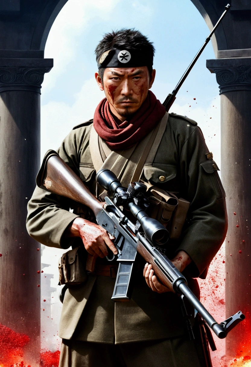 Japanese traditional sniper artist、Through lots of bullet waging and huge explosions.、The pillars are set up casually and unobtrusively.,knife,Blood
