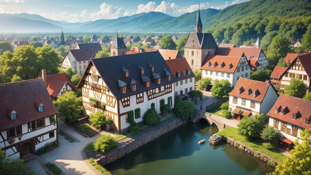 Beautiful scenery of ancient German village, Aerial view, Photorealistic photos, High definition. 