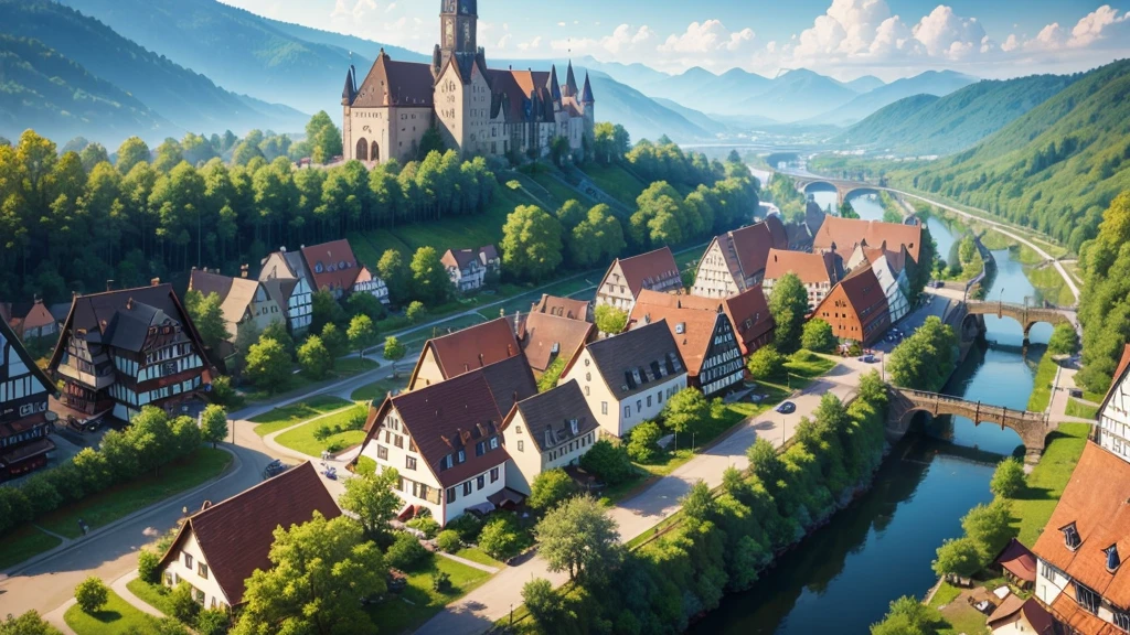Beautiful scenery of ancient German village, Aerial view, Photorealistic photos, High definition.