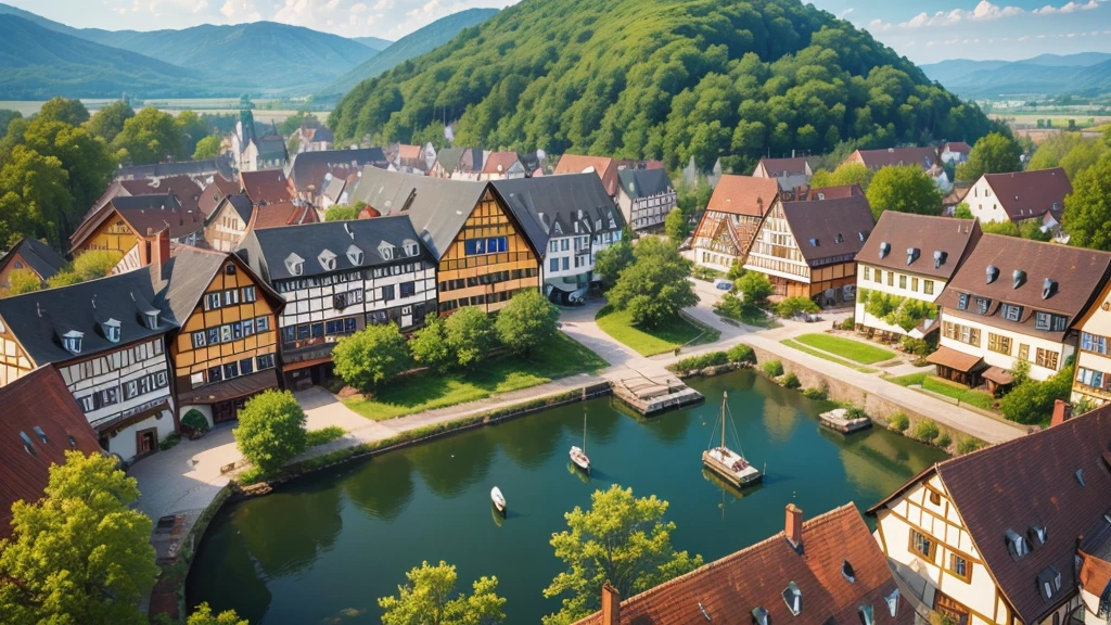 Beautiful scenery of ancient German village, Aerial view, Photorealistic photos, High definition.