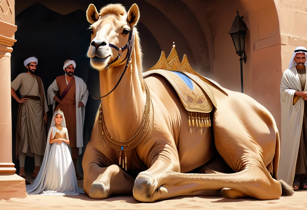 Desert Princess, Masterpiece, high resolution, Realistic, Detailed Description, Anatomical integrity, Camel decorated with a tiara and royal attire, smiling proudly with long lashes down, Camel with a tiara, Cape Camel, Camels decked out in accessories, A smiling Arab royal girl of about 10 years old watches over a camel., Surrounded by the royal family's retainers, Royal palace in the desert, Camel in focus