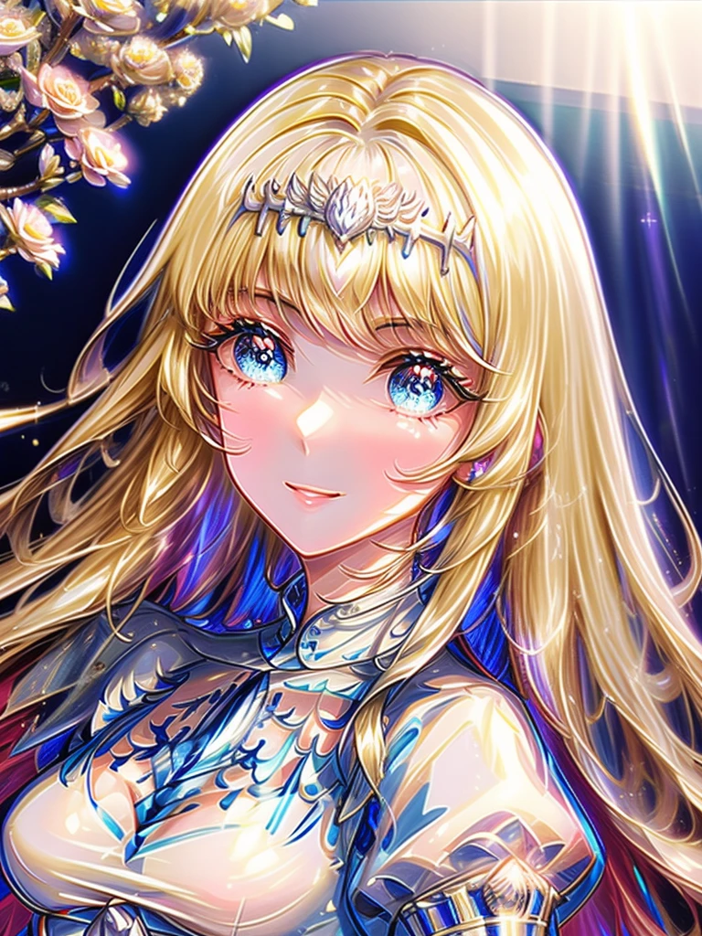 (masterpiece、8K、top-quality)、(Soft light:1.5), Detailed face, Detailed eyes, beautiful digital works of art, landscape, palatial palace, Back Light, Many flowers, forest, Smile, , spark, 1girl,solo, calca, blonde hair, ,( extremely long hair), very long hair, extra long hair, white tiara, white dress, blue eyes,Calca Bessarez, medium breast,Calca,