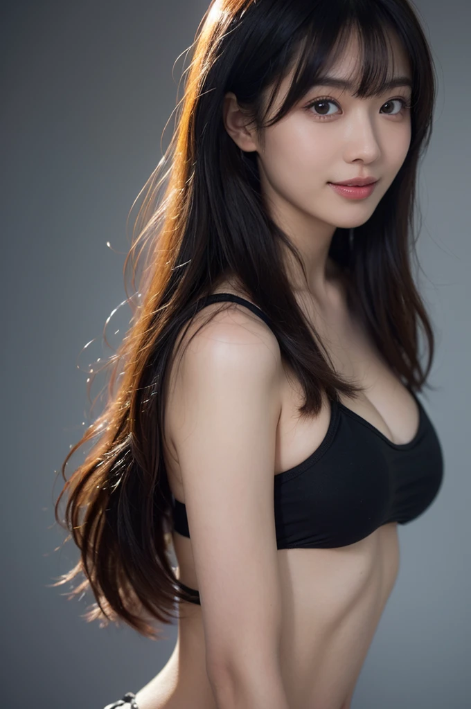 (Ultra Realistic), (Illustration), (High Resolution), (1girl), (Pretty Japanese girl in her 30s), (Best quality, 8K), (Best Illustration), (Beautiful Detailed Eyes), (Best Quality), (Ultra Detailed), (Masterpiece), (sexy), (Wallpaper), (Detailed Face), Solo, (seductive smile), (simple black cropped top), Japanese, (perfect body), (slim), (large perky , cleavage), (perky ass), (emphasizing large breasts), (bangs, long hair), (close up), (professional lighting), (black theme), (in bikini), (Standing)