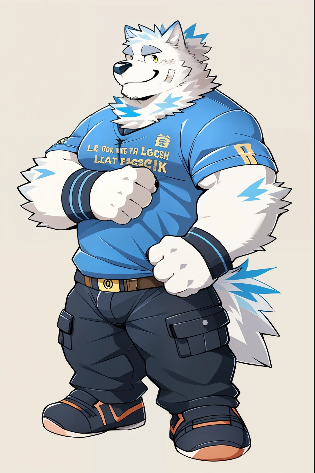Yo hack, alone, Straightforward, mammal, White body, green fur, yellow eyes , medical plaster, tail, shirtกั๊ก, shirt, Wristband, trousers, shoe, smile, ไม่ใส่shirt, side view, By Takemoto Arashi,