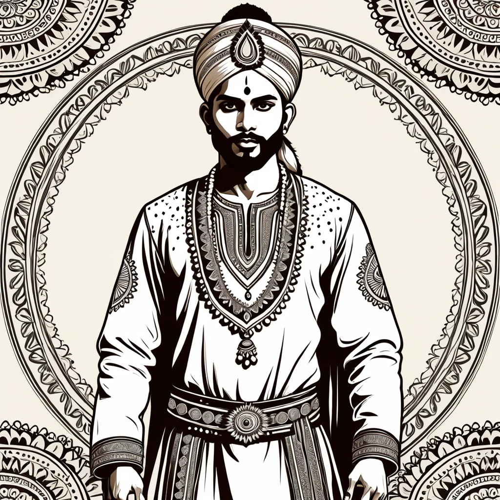 man in indian folk outfit, vector graphics, strong contours
