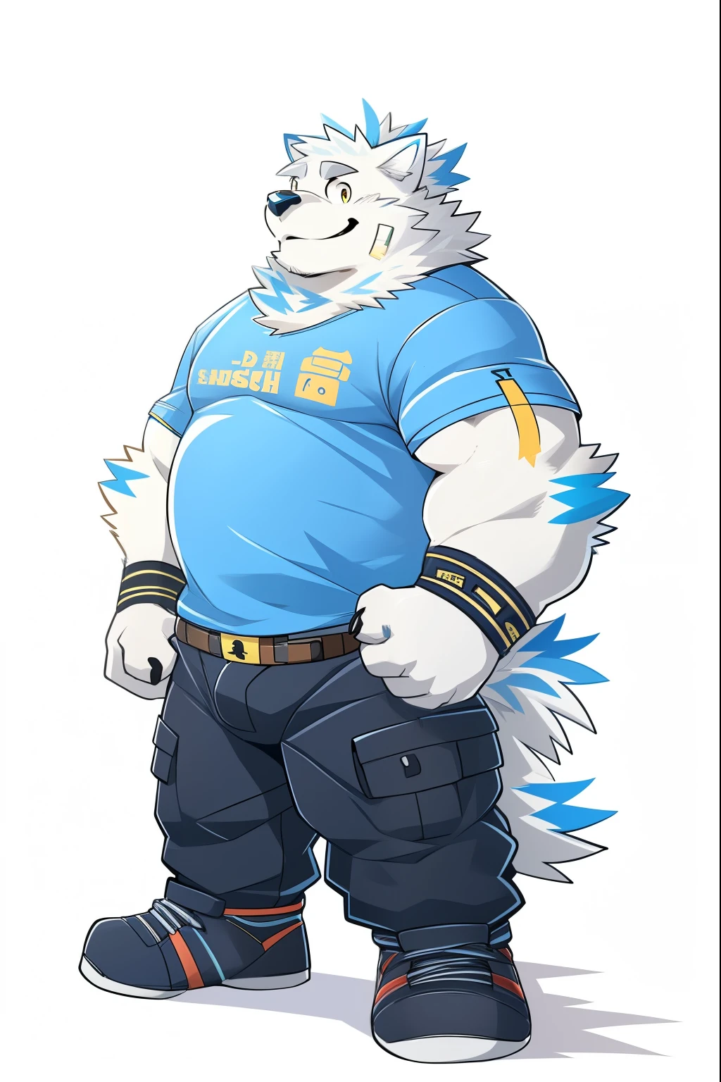 Yo hack, alone, Straightforward, mammal, White body, green fur, yellow eyes , medical plaster, tail, shirtกั๊ก, shirt, Wristband, trousers, shoe, smile, ไม่ใส่shirt, side view, By Takemoto Arashi,