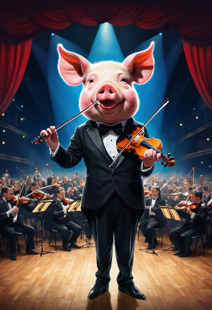 a figure with a pig's head dressed in a black suit and bow tie is playing the violin on stage. The background is a brightly lit concert hall filled with an audience. This unusual combination is both intriguing and eye-catching.