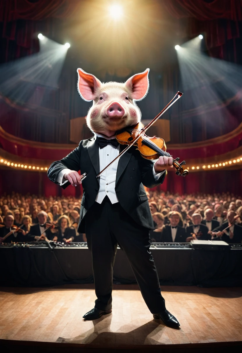a figure with a pig's head dressed in a black suit and bow tie is playing the violin on stage. The background is a brightly lit concert hall filled with an audience. This unusual combination is both intriguing and eye-catching.