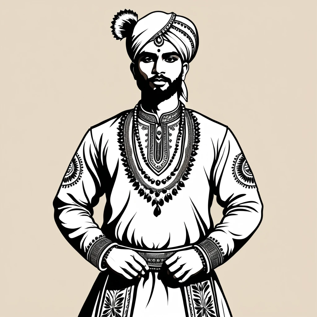 man in indian folk outfit, vector graphics, strong contours