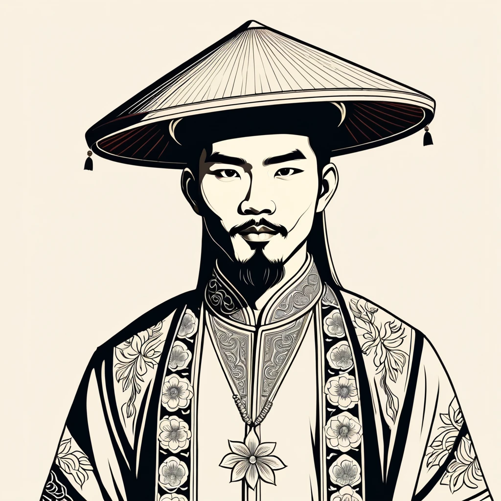 man in vietnamese folk outfit, vector graphics, strong contours