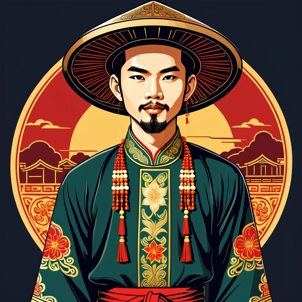 man in vietnamese folk outfit, vector graphics, strong contours
