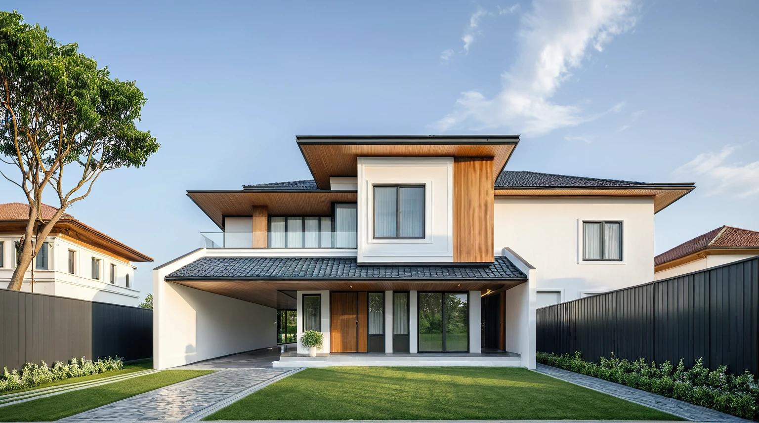 Two-storey villa, modern style, large lawn in front of the house, fence with climbing plants, white walls, wooden ceiling, large glass doors, tiled roof, wooden porch, gray and white tones, daylight, clear blue sky, ((warm interior lighting)), modern material, best quality, ultra realistic, masterpiece, 17ArchiAI_XL_VL-v1
