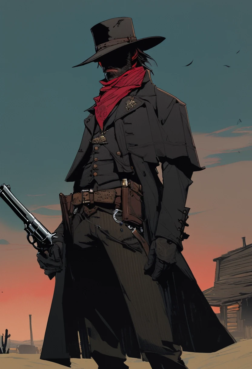 score_9, score_8_up, score_7_up, score_6_up, score_5_up, score_4_up, 1man, Western, Desert, Dark night, Horizon, far away, Wild West, red dead Redemption, cartoon art style, Holstered pistol, ready to draw, black hat, black overcoat, dark, Bandit, old west town, City, bloodborn, Hunter, fromsoftwere, soulslike, Terror, moon, night, black sky, wind, bloodborn hunter hat, Gothic, Victorian 
