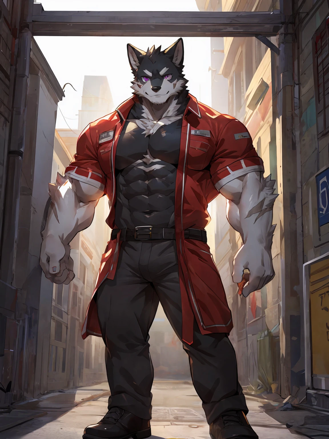 embedding:black wolf, male,purple eyes,Scar on the face, scar on the body,Single person,deliveryman,Standing outside the door,In the corridors,Robust,Contempt,With the express box in his hand,The highest quality of scene detail,adult,Tall and powerful,muscle,Best quality hands, best quality eye,detailed fur,Delicate eyes.Extreme picture quality,by sollyz,by zixiong,by milkytiger1145